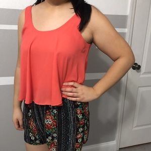 Cute coral romper with printed shorts